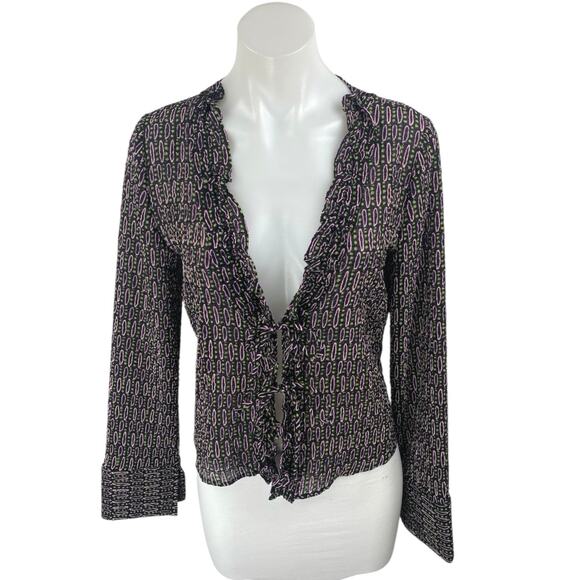 Zara Black Purple Abstract Long Sleeve Tie Ruffle V Neck Cardigan Blouse Top M - Picture 1 of 5